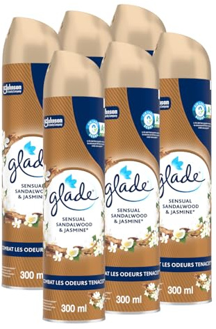 Glade Aérosol - Elimine Les Odeurs - Parfum Frais - Infusé Aux Huiles Essentielles - Sensual Sandalwood et Jasmine - 6 Aérosols