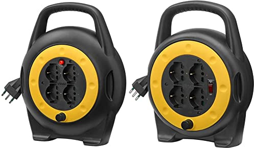 Vimar 0P32714 Avvolgicavo 10 Metri, Con 4 Prese Universali A Standard Italiano Sicury, Nero Giallo & 0P32702 Avvolgicavo 10A (Piccola) 4 uscite universali, con Interruttore di Protezione, 5 Metri