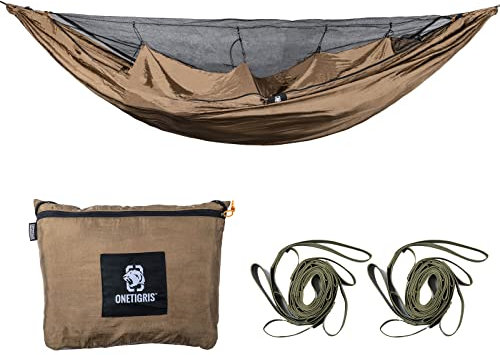OneTigris KOMPOUND Reisehängematte 1 Person Outdoor Hängematte mit Moskitonetz |MEHRWEG Verpackung 260x130cm(Koyote Braun)