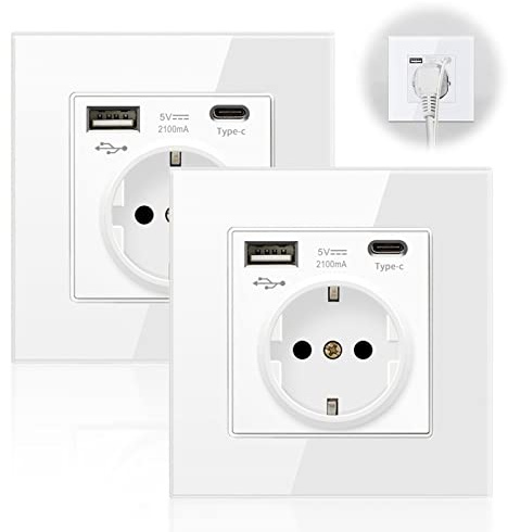 2er-Pack 16Amp Schuko Steckdose mit USB, Einzelsteckdose mit USB, Schutzkontakt Wandsteckdose Einfach mit Glasrahmen, USB Steckdose Unterputz in Weiß, Typ C Port Max.3.1A