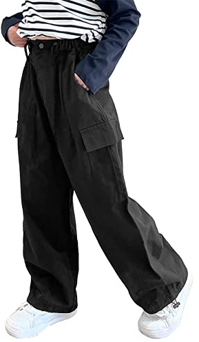 Rolanko Pantalon Cargo pour Filles, Pantalon Baggy en Coton à Taille Elastiquée avec Plusieurs Poches pour Les Enfants de 6 à 15 Ans, Noir, Taille: 170