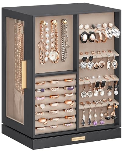 SONGMICS Collection GISELLA - Boîte à Bijoux Pivotante sur 360°, Coffret à Bijoux avec 5 Tiroirs, Fenêtres en Verre Latérales, Grand, Rangement pour Accessoires, Design Ouvert, Gris Ardoise JBC170G01