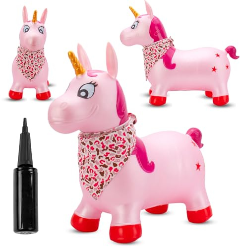 sun baby Hüpftiere ab 1 Jahr mit Pumpe aufblasbares Hüpfspielzeug aus Hochwertigem und Strapazierfähigem Gummi, Verschiedene Designs (Rosa Einhorn mit Goldenem Horn)