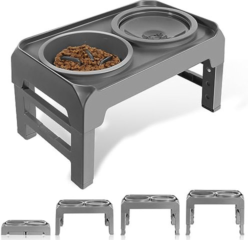 Elevated Dog Bowls 4 Adjustable Heights Raised Dog Bowl Stand with Slow Feeder Bowls & Non Spill Dog Water Bowl Set, Food and Water Feeding Bowl for Small Medium Large Pets Dogs and Cats