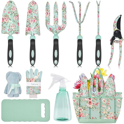 Garden Tools Set, Carsolt 11 Pcs Heavy Duty Floral Gardening Tools Kit with Non-Slip Rubber Handle, Special Gardening Gifts for Women Mom Birthday