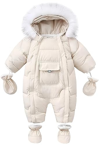 L SERVER Combinaisons de Neige Bébé Garçon Chauds Coupe-vent Jumpsuit Fille Epais Combinaison Pilote Polaires Vêtements de Ski avec Gants + Couvre Pieds, Beige, 6-9 mois