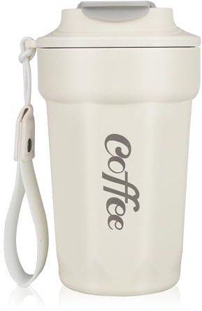 Taza Café Termica para Llevar 480ml, Vaso Café Termico Frio y Caliente de Acero Inoxidable 316 sin BPA, Mini Coffee Mug Termo Pequeño Prueba de Fugas, Reutilizable Coffee Cup de Coche - Blanco