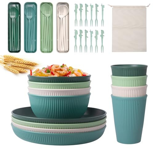 45Pcs Camping Cutlery Sets for 4, Plastic Dinner Set, Camping Plates and Bowls Set with Carry Bag, Unbreakable Picnic Tableware Plates Sets, Dinnerware Cutlery Sets for Camping, Picnic, RV, Wedding