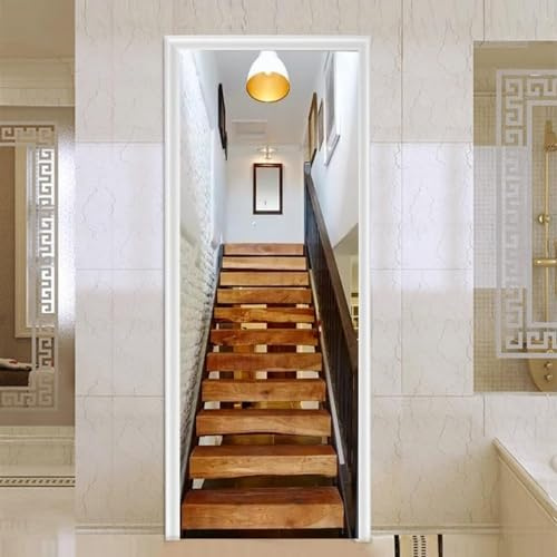 3D Türtapete Treppe Mit Holzmaserung 77 X 200 Cm Selbstklebend Türposter Türaufkleber Fototapete Abziehen Und Aufkleben Türfolie Poster Tapete - Kinderzimmer Wohnzimmer Küche Schlafzimmer Tür Fotos -