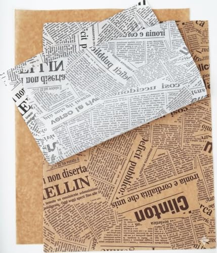 Butterbrotpapier - Wachspapier für Lebensmittel 25x35cm – 200 blatt, beschichtet, fettabweisend & wasserfest, für Burger, Sandwich, Pommes & mehr, Vintage Zeitung-Design von WK Packaging