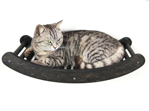 RshPets® Katzentreppe Wand Welle - Katzenholzregal - Kletterwand Katzen Set - Wandmontierte Katzenmöbel - Katzenbett - Hängematte für Katzen (Dunkle Farbe)