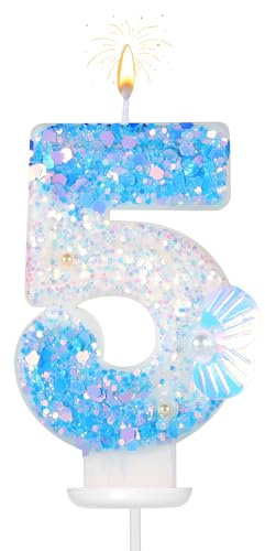 Geburtstag Zahlen Kerzen, 7,5cm Strand-Themen Zahlen Kerzen Glitzer Zahlenkerze Muschel Pailletten 3D Geburtstagskerzen für Torte Nummer Kuchendekoration für Hochzeit Babyparty Party (5)