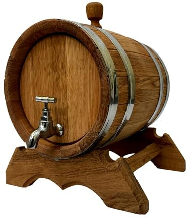 Wooden World - Oak Wooden Barrel with a tap on a Stand - Barrel for Wine, Whiskey, Brandy - 6 liters
