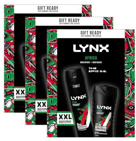 Lynx THE EPIC O.G. Africa 48 H High Definition Fragrance XXL Bodyspray 250 ml & 12 H Refreshing Bodywash 225 ml 2 Pieces Ready to Wrap Gift Set For Him,3pk