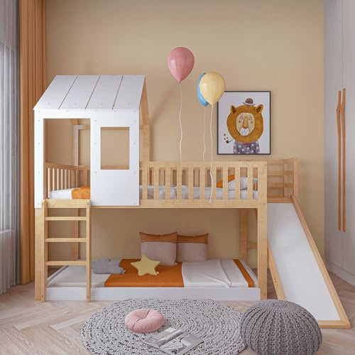Hausbett Etagenbett 90x200, Baumhaus Kinderbett mit Dach und Fenster, Hochbett mit Leiter & Rutsche, Funktionsbett Holzbett Spielbett Stockbett Bettgestell mit Rausfallschutz & Lattenrost, Natur&Weiß