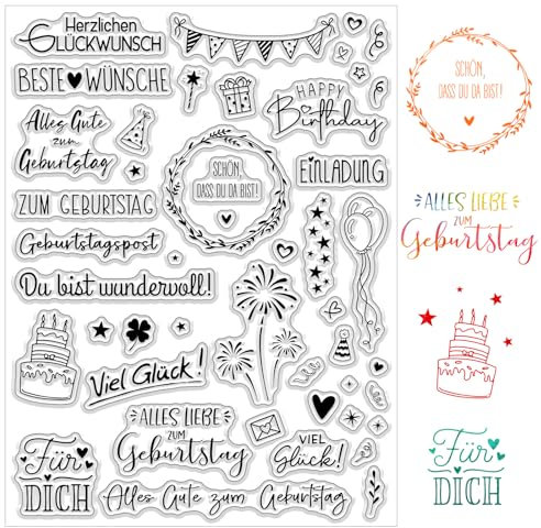 BOOMTOP Silikon Stempel Geburtstag Transparent Stempel Geburtstagsstempel Clear Stamps Sprüche Deutsch Happy Birthday Stempelmotive zum Kartenbasteln DIY Geschenk Scrapbooking Fotoalbum