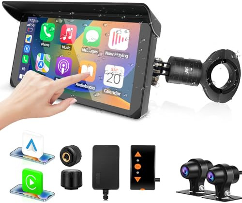 VSYSTO Caméra de Surveillance étanche pour Moto avec Support Carplay, écran Tactile HD 5 Pouces, caméras Avant et arrière HD1080P (IMX307), Bluetooth, Navigation, Siri, WiFi, TPMS