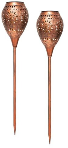 Lot de 2 lampes solaires LED en métal aspect cuivre vintage, environ 75 cm de haut, torche de jardin avec éclairage blanc chaud