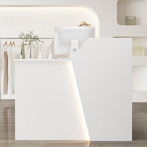 HOLGVE Empfangstheke, L-förmiger Empfangstresen, Rezeptionstresen mit Abschließbaren Schubladen, Kassentisch Aus Holz for Die Lobby, for Salon, Büro, Restaurant, Kleines Geschäft(White-Right,31.4inchx