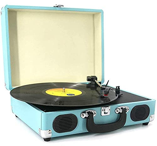 Record Player, VINYL MUSIC ON Vinyl Turntable with 2 Built-In Speakers, 3-Speed Portable Vinyl LP Player, RCA Output, AUX In, Headphone Jack (Blue) recorder