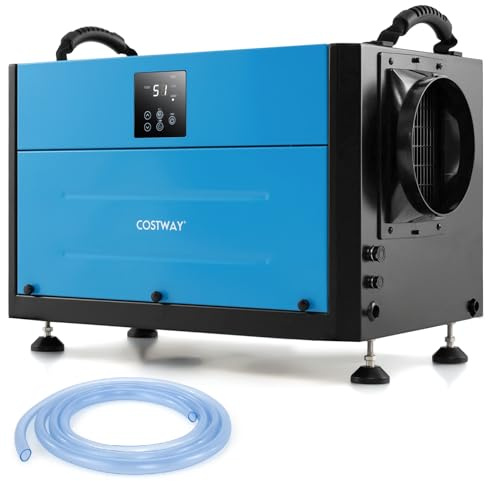 COSTWAY 70L/Day Commercial Dehumidifier, Industrial Compressor Dehumidifiers with Auto/Continuously Dry/Sleep Mode, 24H Timer, Auto Defrost, Memory Starting, LED Display & Drain Hose (Blue, 70L/Day)