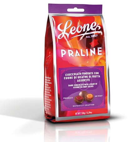 Leone dal 1857 - Sacchetto Gelatine alla Fragola, Arancia e Amarena Ricoperte di Cioccolato Fondente - Cioccolatini Leone - Senza Glutine - 150 gr