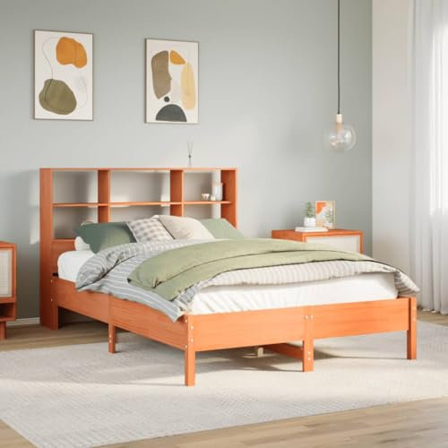 MOBCANT Massivholzbett mit Regal ohne Matratze, Betten Bettrahmen Doppelbett Bettgestell Geeignet für Wohnungen Schlafzimmer Schulen Hotel Wachsbraun 120x200 cm