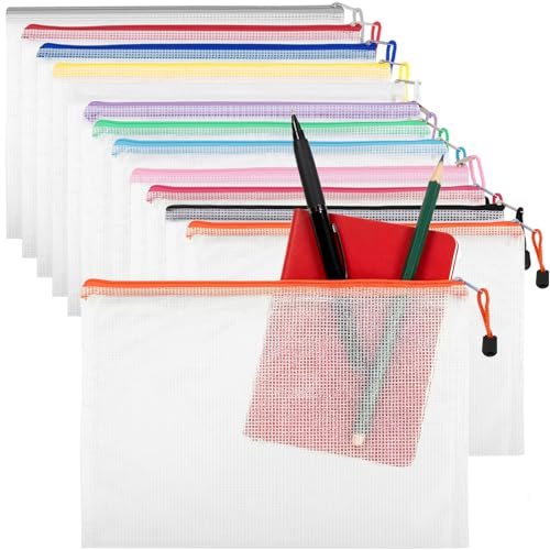 MUKSEUT 24 x A4-Kunststoff-Reißverschluss-Mappen, A4-Reißverschlusstaschen, wasserdichte Kunststoffhüllen mit Reißverschluss, Dokumententasche für Zuhause, Schule, Büro, Reisen, Aufbewahrung (12