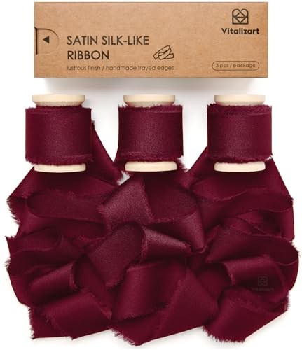 Vitalizart Burgunderrot Satin Geschenkband 2,5 cm x 13,7 m Hölzerne Spule, Handgemachtes Ausgefranstes Seidenband für Geschenk Verpacken Baby Dusche Hochzeit Brautsträuße Urlaub Dekor