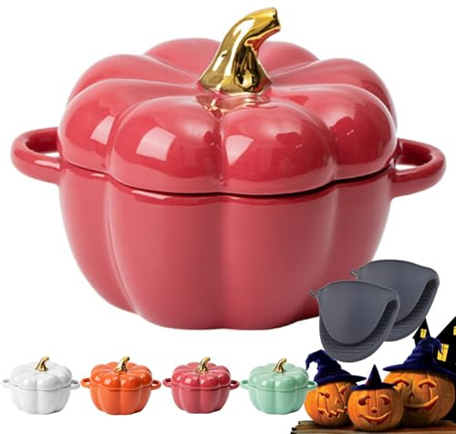 Pumpkin Dutch Oven Pot with Lid, 0.41 qt Pumpkin Cast Iron Dutch Ovens for Bread Baking, Mini Cocottes Enameled Cast Iron Dutch Oven with Handels (Red-0.45ml)