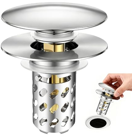 HUAERSICO Universal Waschbeckenstöpsel Pop Up Edelstahl Abflusssieb | Universal Abflussstopfen mit Sieb für Waschbecken (28,5 - 55 mm Loch-Ø), Messing Kern, Catches Hair, Anti-Verstopfung