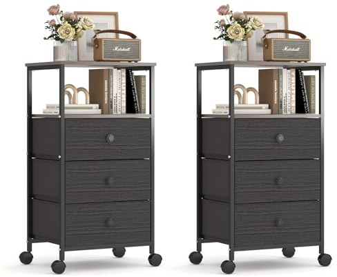 Innotic 2er-Set Nachttisch mit 6 Schubladen & Rollen, Beistelltisch Kommode mit Schubladen für Schlafzimmer & Wohnzimmer, Schmal & Modern in Walnuss (75x29x36 cm)