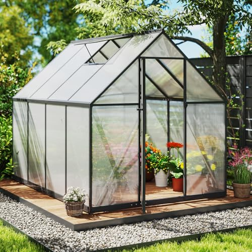 COSTWAY Växthus med fundament, väderbeständigt av aluminium, drivhus med justerbart takfönster och dörr, 250 x 190 x 195 cm, drivbänk och växthus för tomatväxter, utomhus, trädgård, balkong