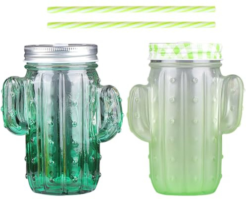 Garneck 2 ensembles Lot de Gobelets Verre Cactus avec Paille Réutilisable et Couvercle Tasses Transparentes pour Jus et Boissons Design Créatif Couleur Réutilisable Couleur Aléatoire