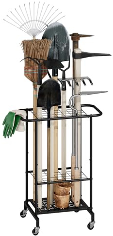 3-Tier Garden Tool Organizer with Wheels, Garage Floor Rolling Storage Cart on Wheels Heavy Duty Metal Rolling Storage Cart, Yard Tool Tower Rack for Garage, Patio, Shed, Indoor Outdoor