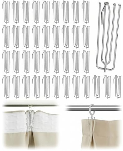 AEUXZA 30 Piezas Ganchos para Cortinas de Acero Inoxidable con 4 Puntas, Ganchos de Pliegues para Cinta de Cortina, Ganchos de Metal para Rieles, Altura 7cm Diámetro Φ 2,0mm