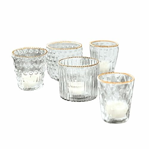 Loberon Windlicht 5er Set Jarnac, klar/Gold | Deko Windlichter aus Glas - Mit Goldenem Rand - Für Kerzen & Dekoration - Unterschiedliche Designs - 5 Stück