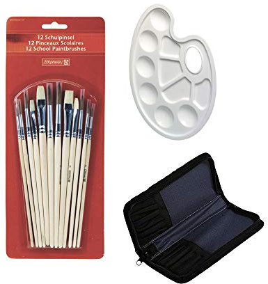 BRUNNEN 1048929 Schulpinselset (12 er Set, Naturhaar) (1, 12 Pinsel + Tasche + Mischpalette)