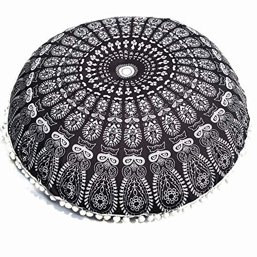 JJ. Zubehör Geometrische Kissenbezug 80x80cm Runde Kissenbezug Mandala Boden Kissenbezug Böhmische Meditation Kissenbezug Osmanische Abdeckung Hocker handgefertigt (Kissen nicht enthalten)