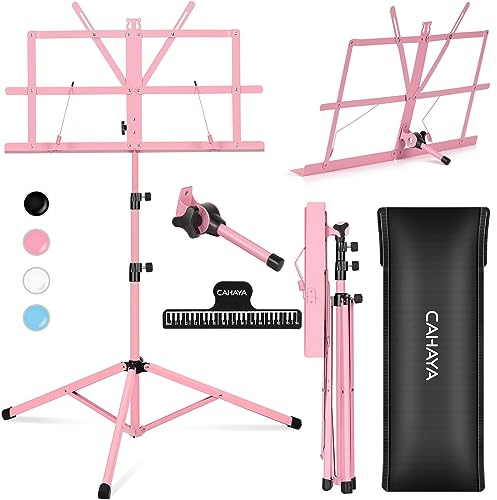 CAHAYA Sheet Music Stand Metal Portable with Carrying Bag, Sheet Music Folder, Projector Stand, Portable Podium Stand, Laptop Stand Pink, CY0204-1