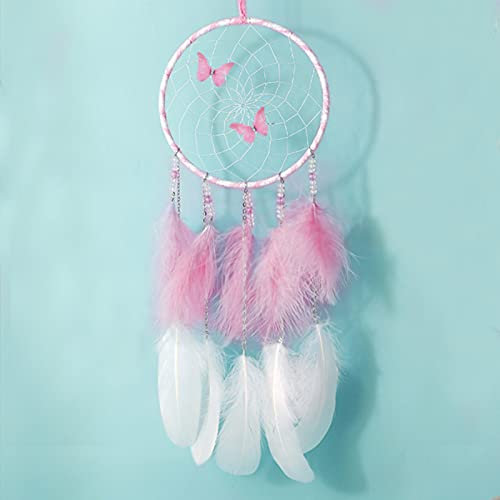 EQLEF Makramee Traumfänger Rosa, Butterfly Dream Catcher Wandbehang Feder Dreamcatcher Fairy Net Ornament für Schlafzimmer Hochzeitsdekoration
