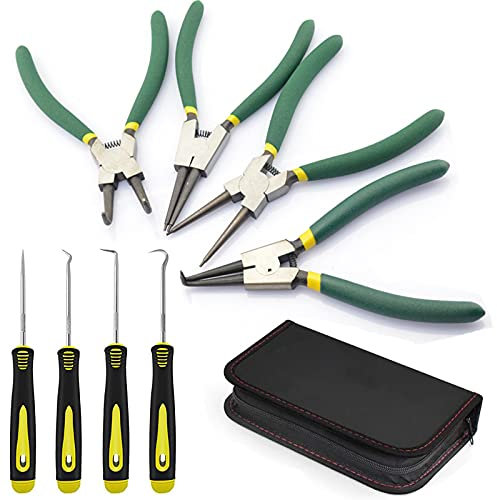 Pinza per Seeger, Pinze Per Anelli Elastici, Pinze Per Anelli Di Sicurezza, Snap Ring Pliers Set 4 X 175 mm Maniglie Antiscivolo Con Borsa di Tela, set di ganci di precisione per paraolio