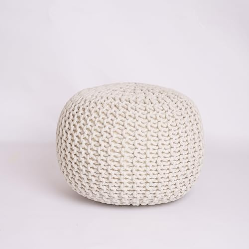EXQUIZIT HOME® Knitted Round Pouffe Foot Stool Ottoman – Large 100% Cotton Chunky Hand-Knit Pouf with Polystyrene Beads Filling – Soft & Comfortable Footrest and Occasional Seating, 50cm (Cream)