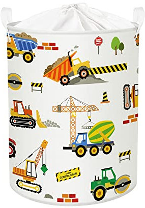 Clastyle 45L Weiß Wäschesammler Kinder Wäschekorb mit Baufahrzeuge- Kinder Aufbewahrungskorb Kinderzimmer von Spielzeug, 36x45 cm