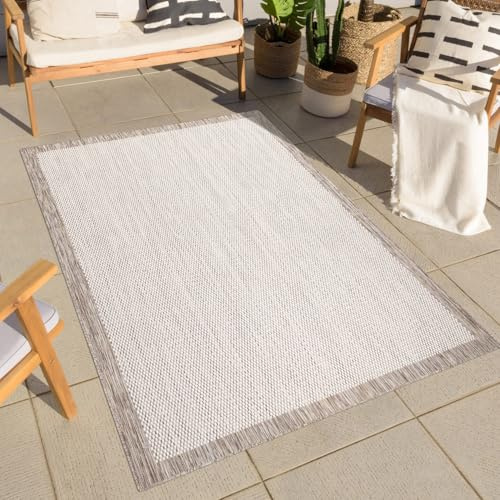 carpet city Teppich Outdoor Wetterfest - Beige - 120x170 cm - Bordüre - Balkon Teppich Wasserabweisend - In-& Outdoor Teppiche für Terrasse, Garten, Küche, Bad oder Wohnzimmer