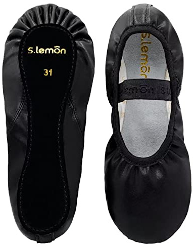 s.lemon Läder Balett Sneakers för Nybörjare Flickor,Komplett yttersula Balettskor, Svart, 36 EU
