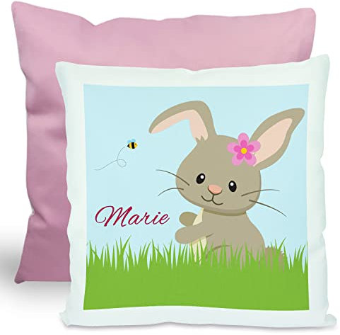CreaDesign, Kinder Kissen 40x40 cm personalisiert mit Namen, Kinderzimmer Deko Kissen Kinder mit Füllung Federn, Motiv Hase, Rückenfarbe Rosa