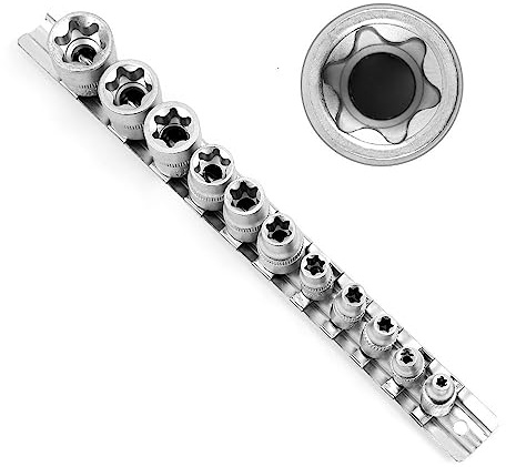BBTISG Juego de Llaves Torx de 11 Piezas, E4 - E20 Llave de Vaso Torx Hembra Juego de Llaves Torx Externas con Riel de 1/4 y 3/8 Pulgadas Torx