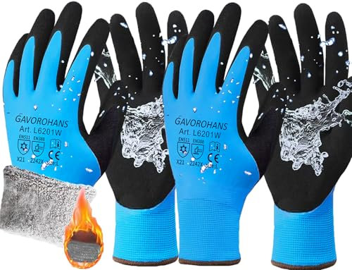 GAVOROHANS 2 Pairs Waterproof Thermal Winter Work Gloves Polar Fleece Liner Superior Grip Double Latex Coating for Garden Logistics Warehousing in Cold Weather Outdoor Activities