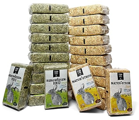 Hayrabbit Naturstroh & Bergwiesenheu - 12kg Stroh und 12kg Heu in 1kg Beuteln verpackt, allergikerfreundlich, Beste Qualität